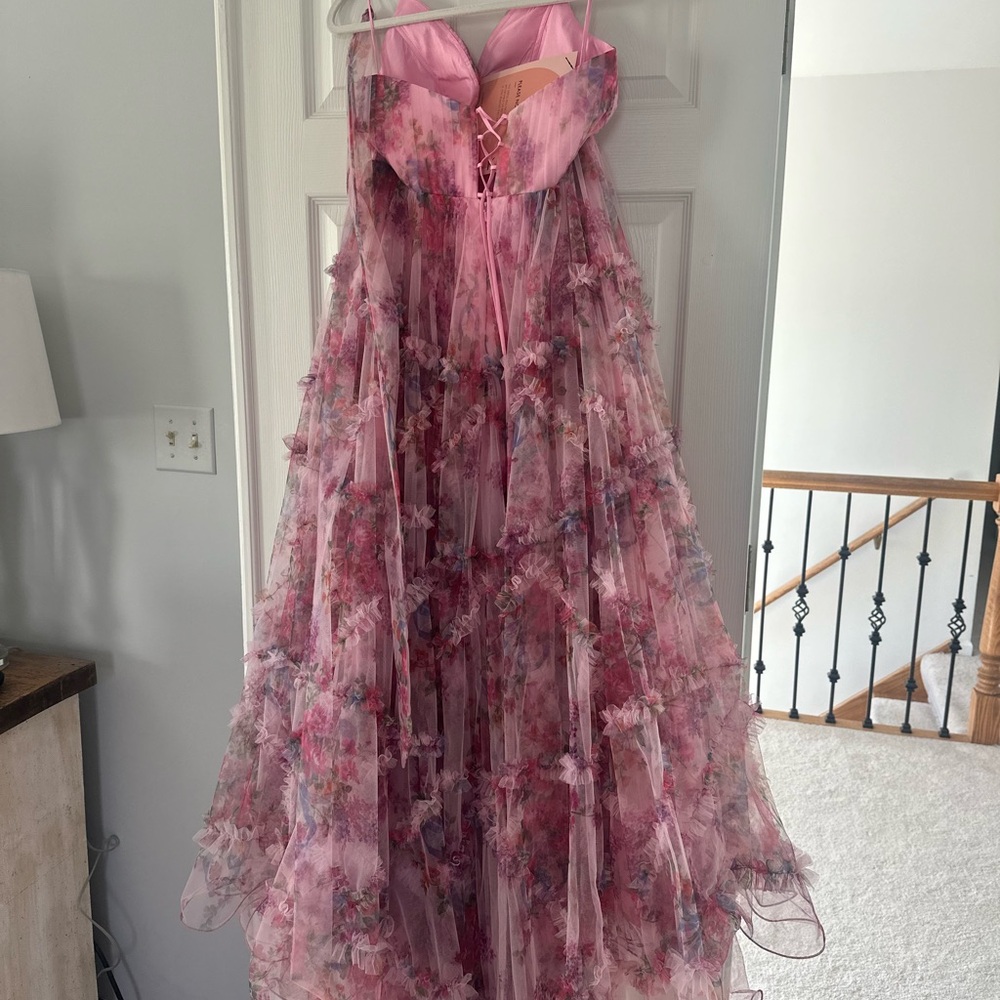 Elegant Pink Floral Prom Dress with Lace-Up Back